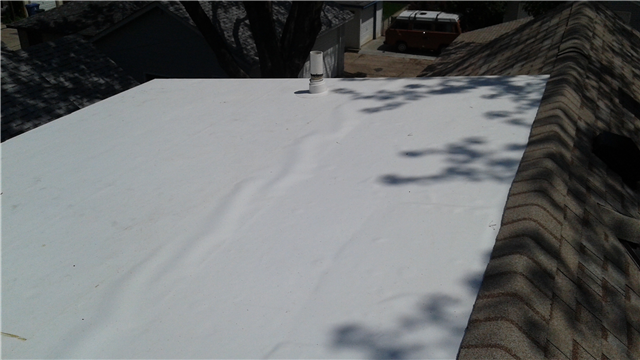 A flat white roof with visible seams and a vent pipe, next to a sloped shingle roof; shadows of tree branches fall across the surface, and rooftops, gutters, and a parked van are seen in the background.